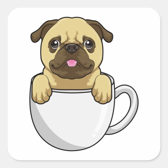 Pegatina Cuadrada Pug con taza de café (Anverso)
