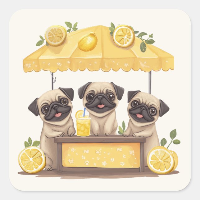 Pegatina Cuadrada Pug Dogs Lemonade Stand (Anverso)
