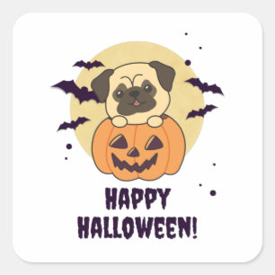 Pegatina Cuadrada Pug En Calabaza Dulces Perros Feliz Halloween