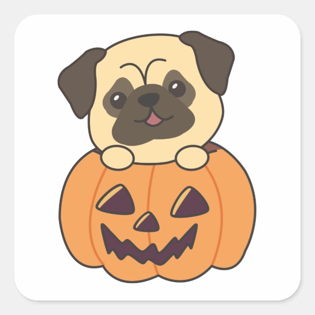 Pegatina Cuadrada Pug En Calabaza Dulces Perros Feliz Halloween (Anverso)