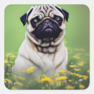 Pegatina Cuadrada Pug en campo de flores