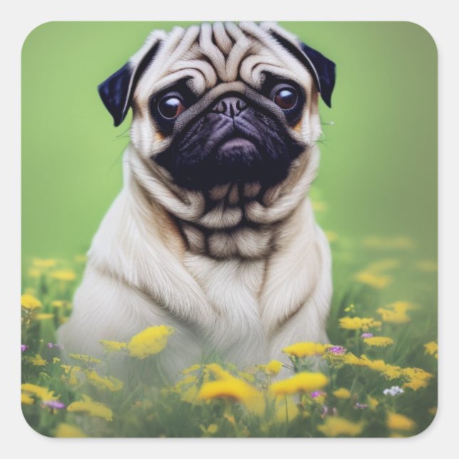 Pegatina Cuadrada Pug en campo de flores (Anverso)