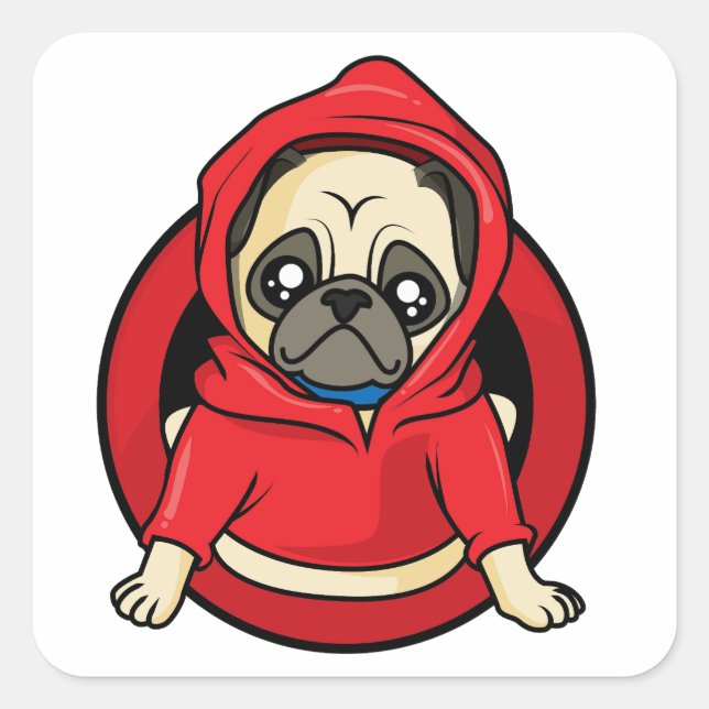Pegatina Cuadrada Pug en sudadera roja (Anverso)