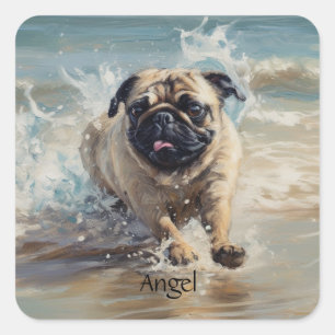 Pegatina Cuadrada Pug Feliz en la Playa personalizable