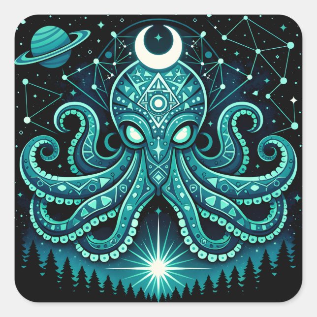 Pegatina Cuadrada Pulpo Celestial – Fauna Inteligencia Cósmica (Anverso)