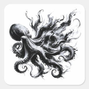 Pegatina Cuadrada Pulpo Kraken de fluido de tinta abstracta