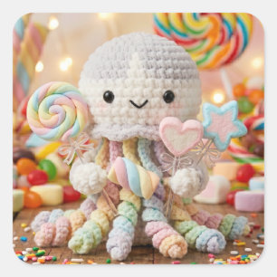 Pegatina Cuadrada Pulpo tejido adorable y tierra de dulces