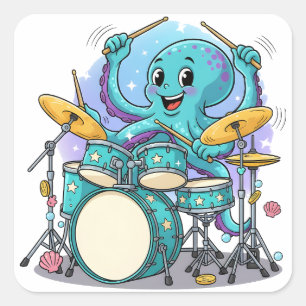 Pegatina Cuadrada Pulpo Tocando la Batería Dibujo Animado Divertido 