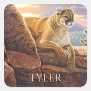 Pegatina Cuadrada Puma en rocas, puesta de sol de Colorado, pintura
