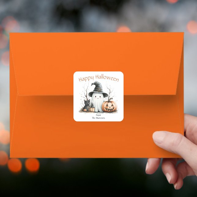 Pegatina Cuadrada Pumpkin Black Cat Ghost Watercolor Happy Halloween (Subido por el creador)