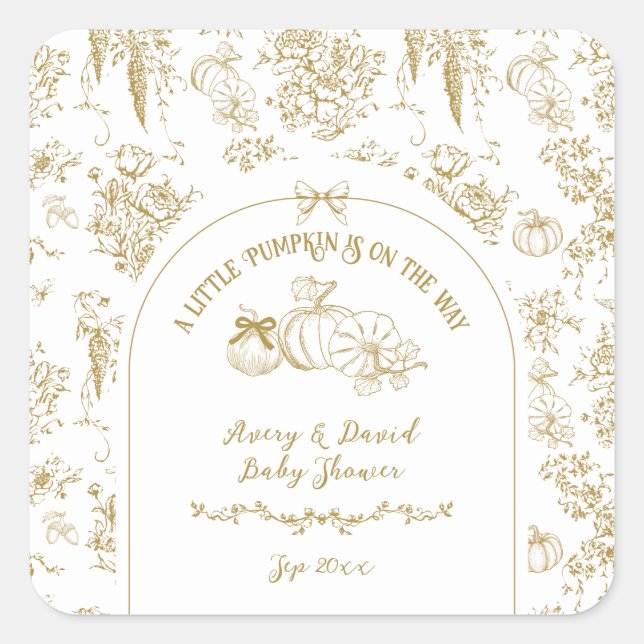 Pegatina Cuadrada Pumpkin Fall Gold Whimsical Floral Baby Shower (Anverso)