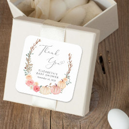 Pegatina Cuadrada Pumpkin Floral Watercolor Baby Shower Gracias