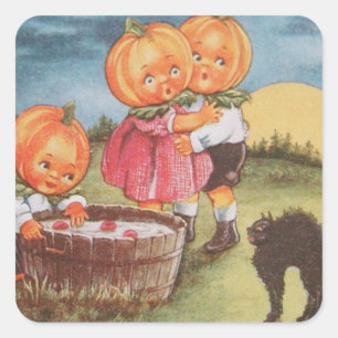 Pegatina Cuadrada Pumpkinhead Gato Negro Buscando Manzanas