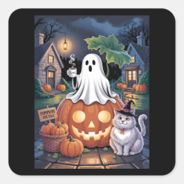 Pegatina Cuadrada Pumpkins For Sale & Caffeine Ghost & Cat