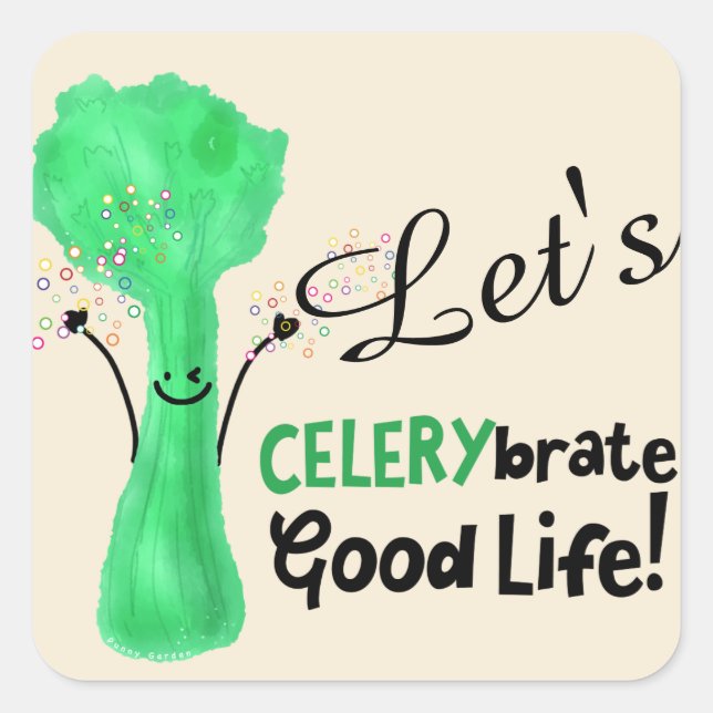 Pegatina Cuadrada Pun de Celería Positiva - Vida Buena Celerybrate (Anverso)