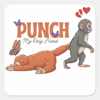 Pegatina Cuadrada ‏Punch‑kun & Plush Monkey – Kawaii para Niños
