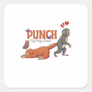 Pegatina Cuadrada Punch‑kun y mono de peluche – Kawaii para niños