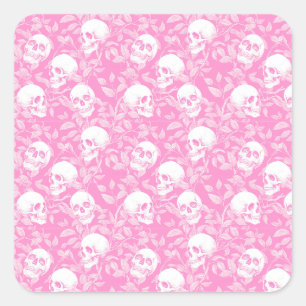 Pegatina Cuadrada Punk femenino gótico calaveras rosadas y follaje H