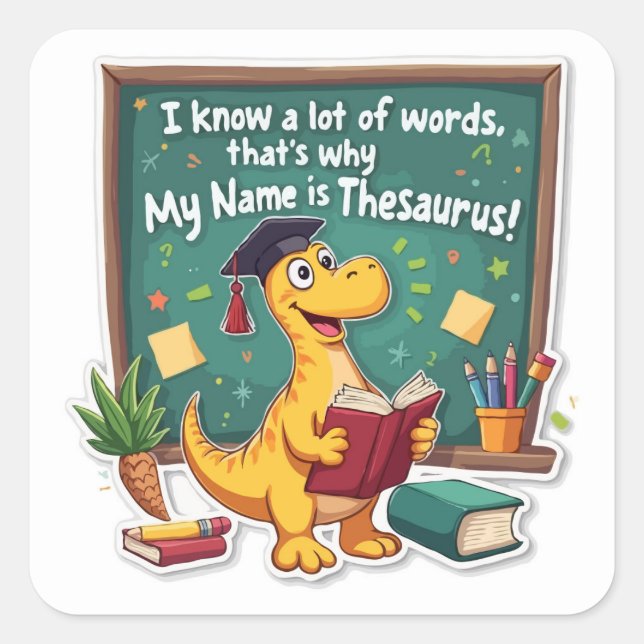 Pegatina Cuadrada Punny Dinosaur Thesaurus 'Word Wizard' (Anverso)