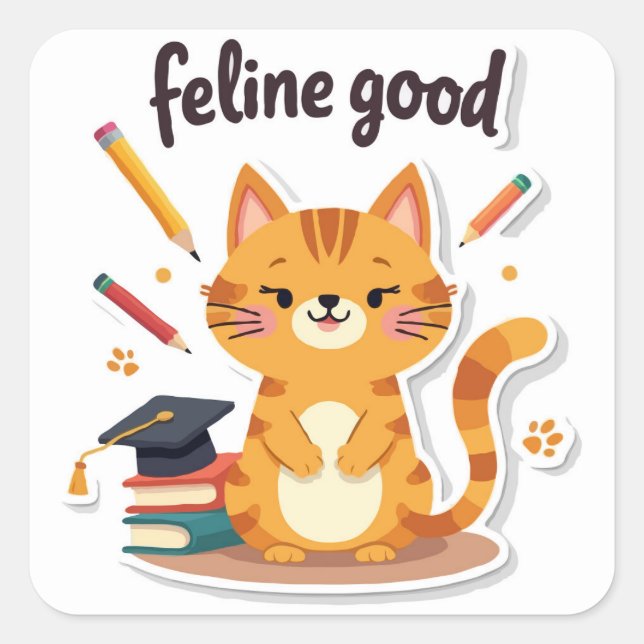 Pegatina Cuadrada Punny 'Feline Good' De Vuelta Al Gato Escolar (Anverso)
