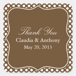 Pegatina Cuadrada Punto de Polka Marrón y Blanco Gracias Boda