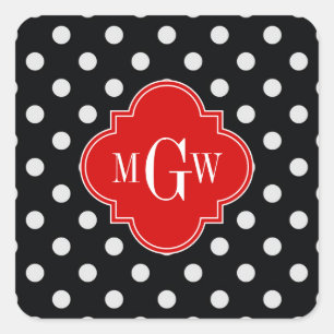 Pegatina Cuadrada Puntos Blancos y Negros Cuatrefoil Rojo 3 Monogram