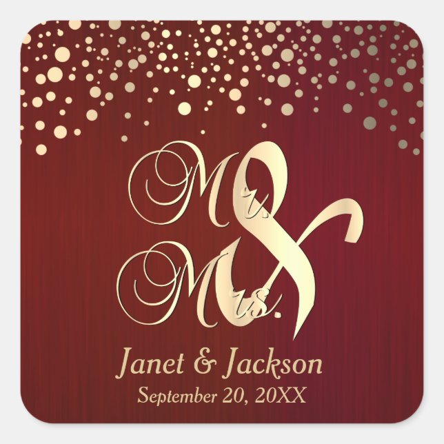 Pegatina Cuadrada Puntos de confetti rojo oscuro y oro (Anverso)