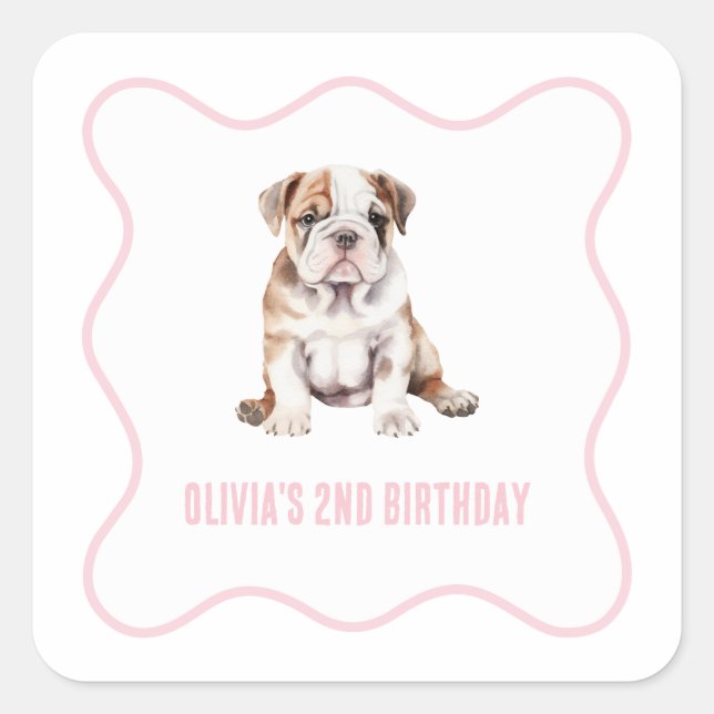 Pegatina Cuadrada Puppy bulldog preppy pink plaid birthday (Anverso)