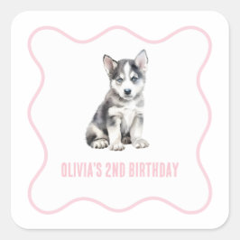 Pegatina Cuadrada Puppy husky preppy pink plaid birthday