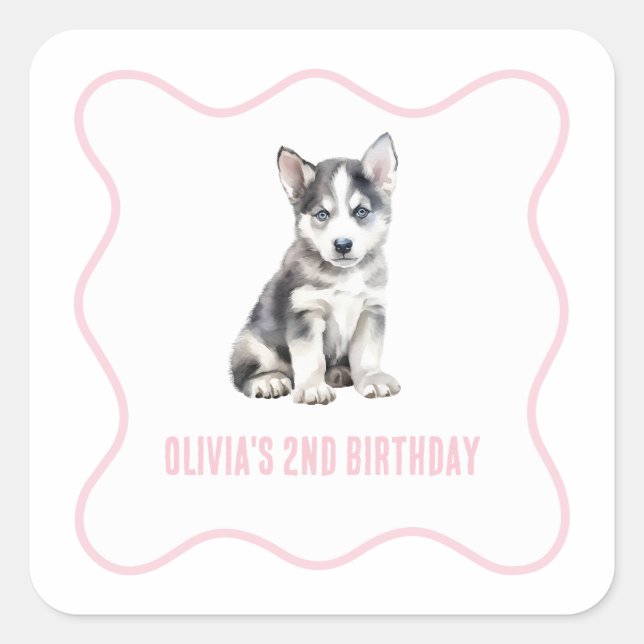 Pegatina Cuadrada Puppy husky preppy pink plaid birthday (Anverso)
