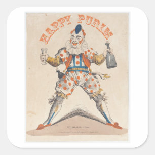 Pegatina Cuadrada Purim. Feliz Payaso. Lechaim