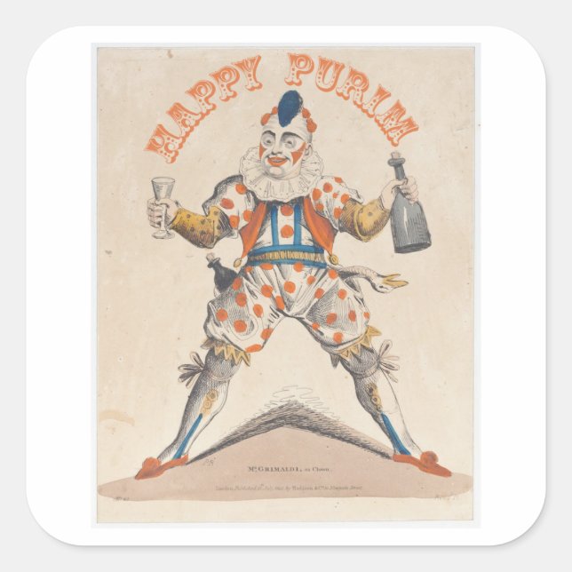 Pegatina Cuadrada Purim. Feliz Payaso. Lechaim (Anverso)