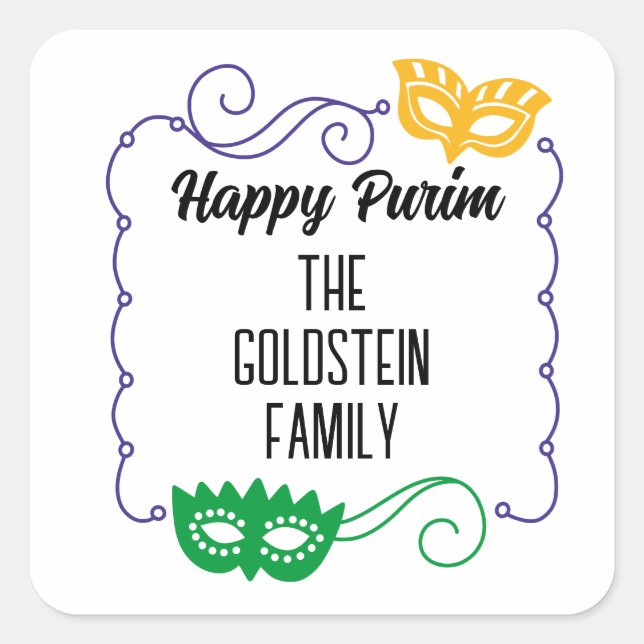 Pegatina Cuadrada Purim mask masquerade costume Mishloach Manot (Anverso)