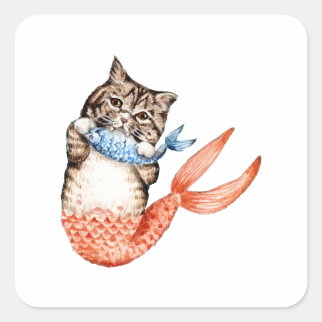 Pegatina Cuadrada Purmaid Cat Mermaid (Anverso)
