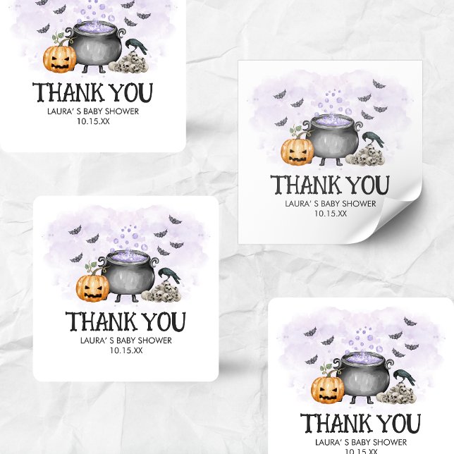 Pegatina Cuadrada Purple Baby is Brewing Halloween Baby Shower (A Baby is Brewing Purple Halloween Baby Shower Square Sticker)