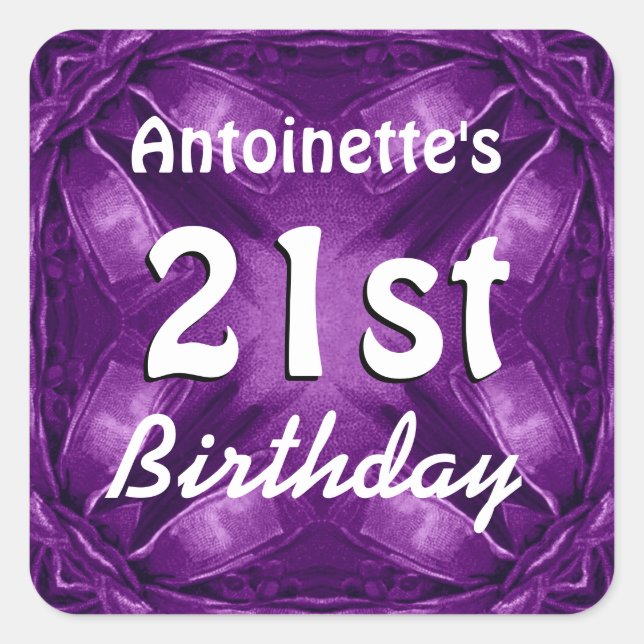Pegatina Cuadrada Purple Bows 21st Birthday Custom Name A02 (Anverso)