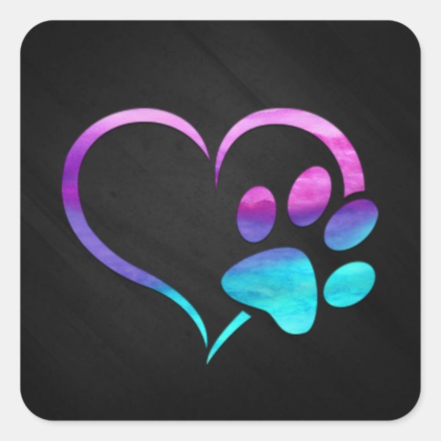 Pegatina Cuadrada Purple Cyan Dog paw Print Heart  (Anverso)