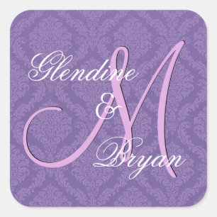 Pegatina Cuadrada PURPLE Damask Wedde Novia Groom Monograma V2C