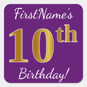 Pegatina Cuadrada Purple, Faux Gold 10 cumpleaños + Nombre personali
