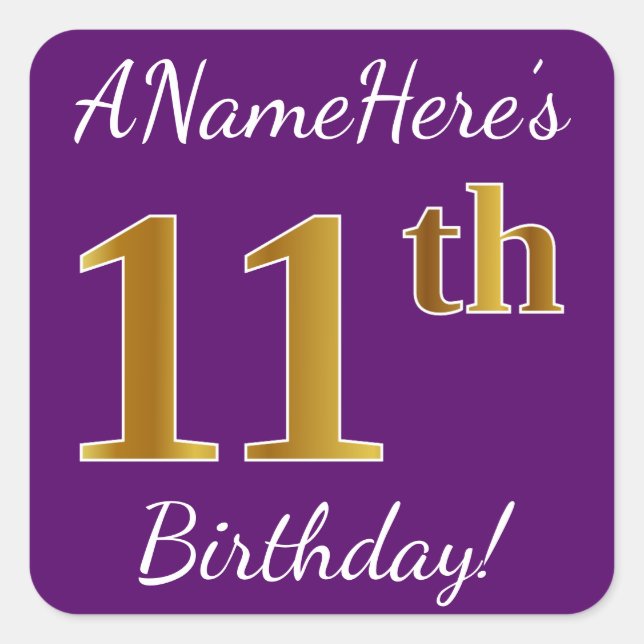 Pegatina Cuadrada Purple, Faux Gold 11th Birthday + Custom Name (Anverso)