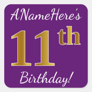 Pegatina Cuadrada Purple, Faux Gold 11th Birthday + Custom Name