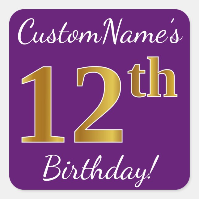 Pegatina Cuadrada Purple, Faux Gold 12th Birthday + Custom Name (Anverso)