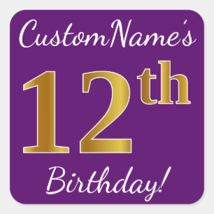 Pegatina Cuadrada Purple, Faux Gold 12th Birthday + Custom Name