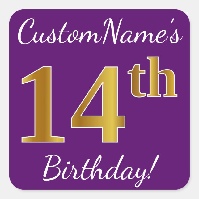 Pegatina Cuadrada Purple, Faux Gold 14th Birthday + Custom Name (Anverso)