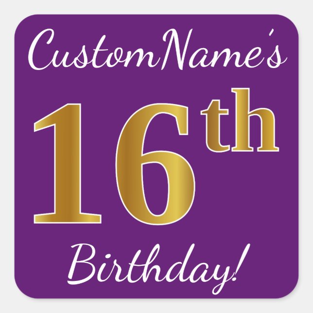 Pegatina Cuadrada Purple, Faux Gold 16th Birthday + Custom Name (Anverso)
