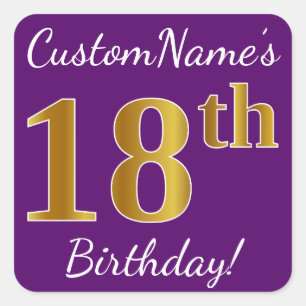 Pegatina Cuadrada Purple, Faux Gold 18th Birthday + Custom Name