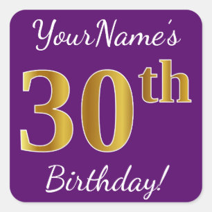 Pegatina Cuadrada Purple, Faux Gold 30 cumpleaños + Nombre personali