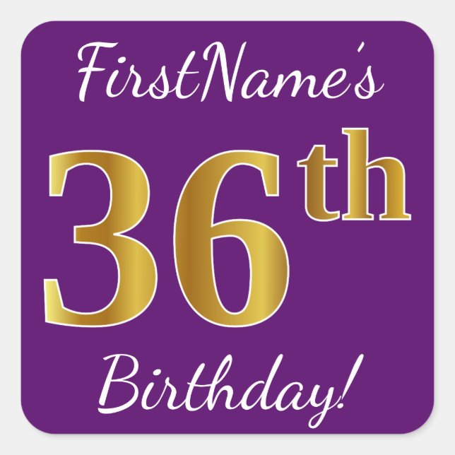 Pegatina Cuadrada Purple, Faux Gold 36th Birthday + Custom Name (Anverso)