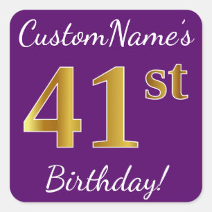 Pegatina Cuadrada Purple, Faux Gold 41st Birthday + Custom Name