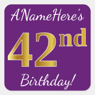 Pegatina Cuadrada Purple, Faux Gold 42nd Birthday + Nombre personali